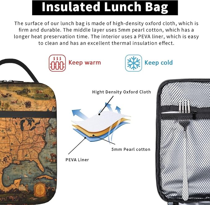 Insulated Lunch Box for Women Men, Vintage Map Theme Lunch Box Reusable Portable Lunch Bag Cooler Tote Waterproof Lunch Container for Office Picnic Work Travel