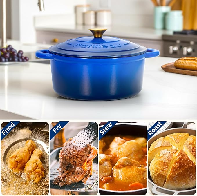 Parmedu 5.5 Quart Enameled Cast Iron Dutch Oven Pot with Lid, Heavy-Duty, Oven Safe up to 500째 F & Across All Cooktops, Perfect for Bread Baking, Stews, Braising & Roasting, Sapphire Blue