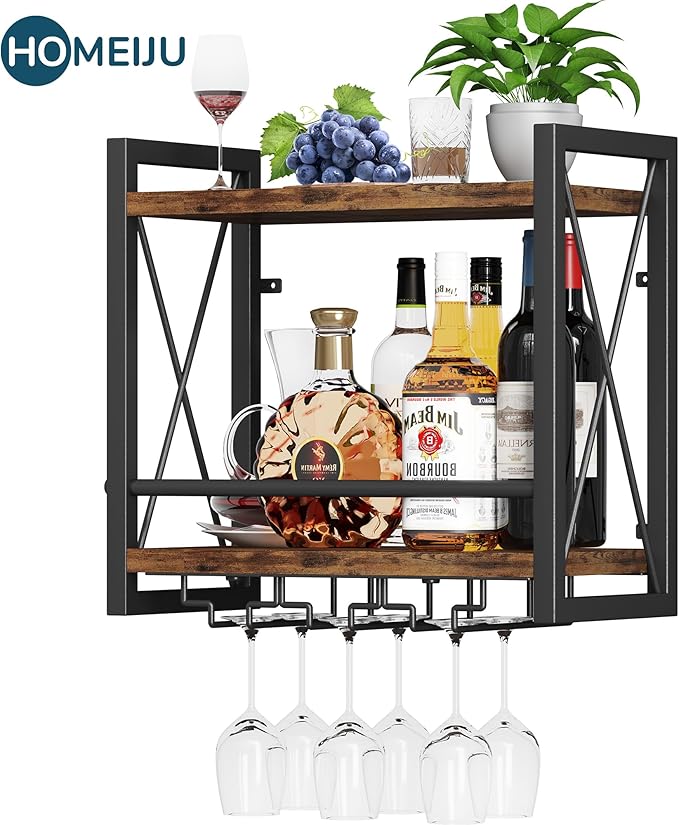 Homeiju Wall Mounted Wine Rack, Bottle & Glass Holder Wood-Metal Retro Wine Rack, Wine Bottles Display Wall Storage for Kitchen Dining Room Home Bar