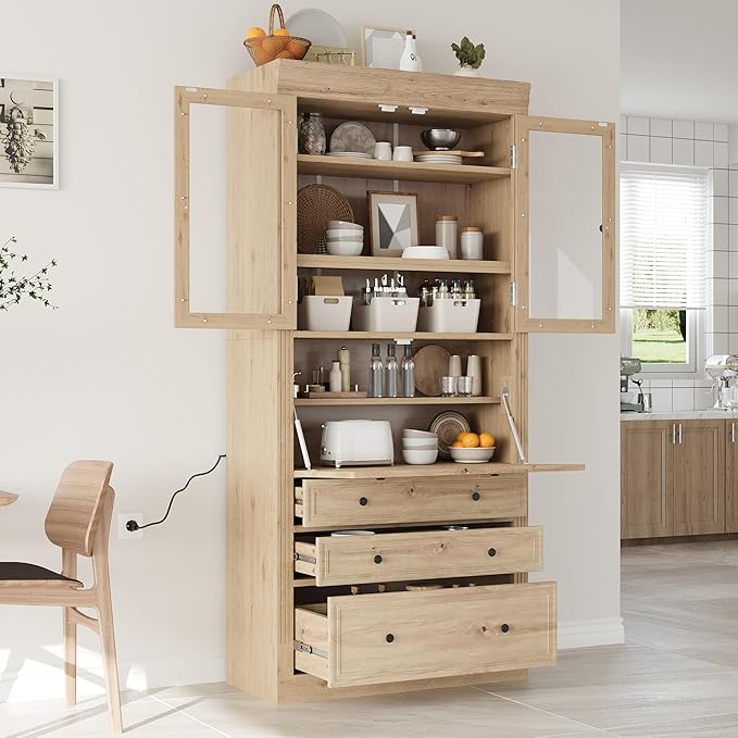 Merax 78 Inch Extra-Tall Freestanding Kitchen Pantry Storage Cabinet, Multifunctional Cupboard with 3 Drawers, Adjustable Shelves & Power Outlet Drop-Down Surface for Dining and Living Room, Natural