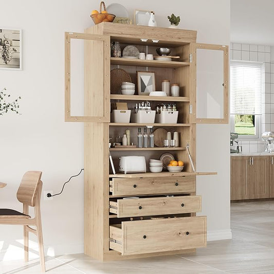 Merax 78 Inch Extra-Tall Freestanding Kitchen Pantry Storage Cabinet, Multifunctional Cupboard with 3 Drawers, Adjustable Shelves & Power Outlet Drop-Down Surface for Dining and Living Room, Natural
