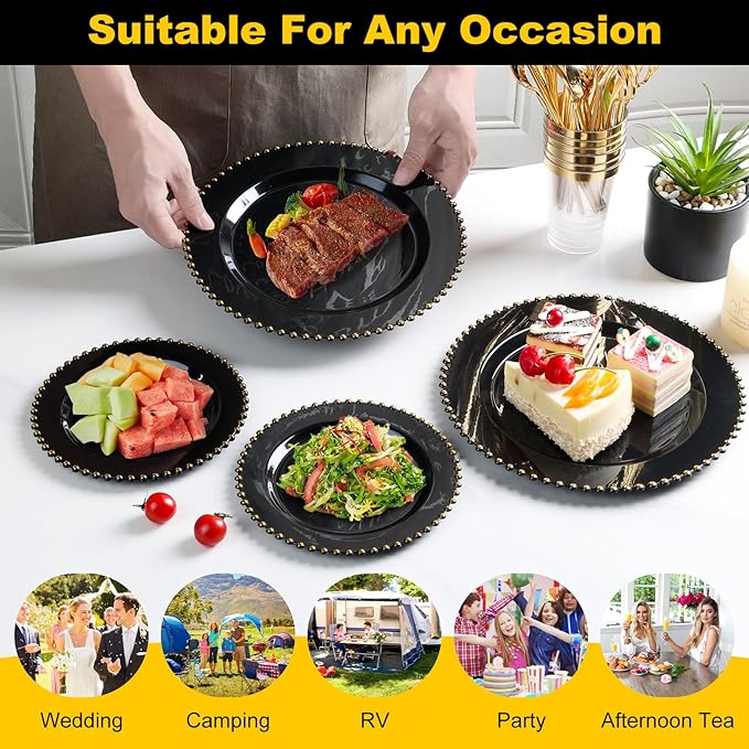 EI 60pcs Black Plastic Plates,Black and Gold Plastic Plates Disposable,Fancy Heavy Duty Plate for Party,Birthday,Anniversary,Wedding,Afternoon Tea,Business Events,Hotel Banquets