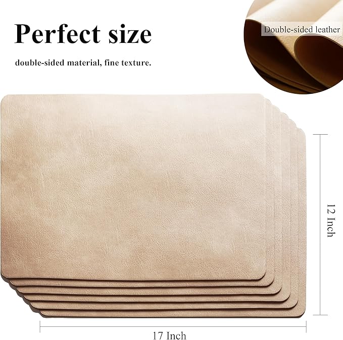 Cowhide Pattern PU Leather Placemats Set of 6 Heat Resistant Kitchen Table Mats, Non-Slip Dining Table Decorations, Double-Sides Waterproof Wipeable Place mats(Beige)