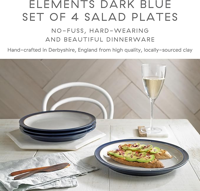 Denby - Elements Dark Blue Medium Plates Set of 4 - Contemporary Design - Ceramic Stoneware Tableware - Dishwasher & Microwave Safe - 8.6in Scratch Resistant Everyday Lunch, Salad Plates