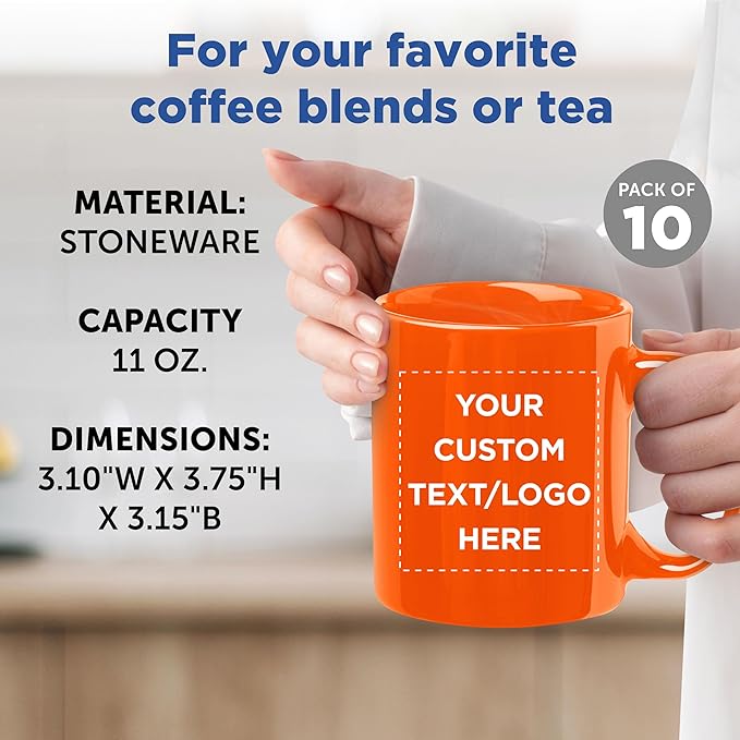 Custom Ceramic Coffee Mugs 11 oz. Set of 10, Personalized Bulk Pack - Coffee cup set, Iced coffee cup, Gaming mug - Princeton Orange