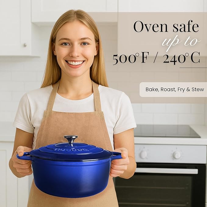 Nuovva Enamelled Cast Iron Dutch Oven Pot with Lid ??6.4 Quart Non Stick Casserole Pot ??Heavy Duty & Oven Safe up to 500째 F for Bread Baking, Braising, Stews, Roasting ??28cm Dark Blue