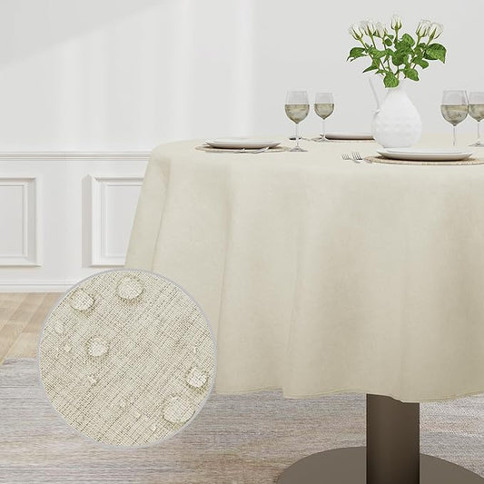 Easy-Going Faux Linen Waterproof Spill-Proof Tablecloth Stain Resistant Round Table Cloth Wrinkle Free Decorative Fabric for Kitchen, Dining, Party, Weddings, Restaurants (60 in-Round, Beige)