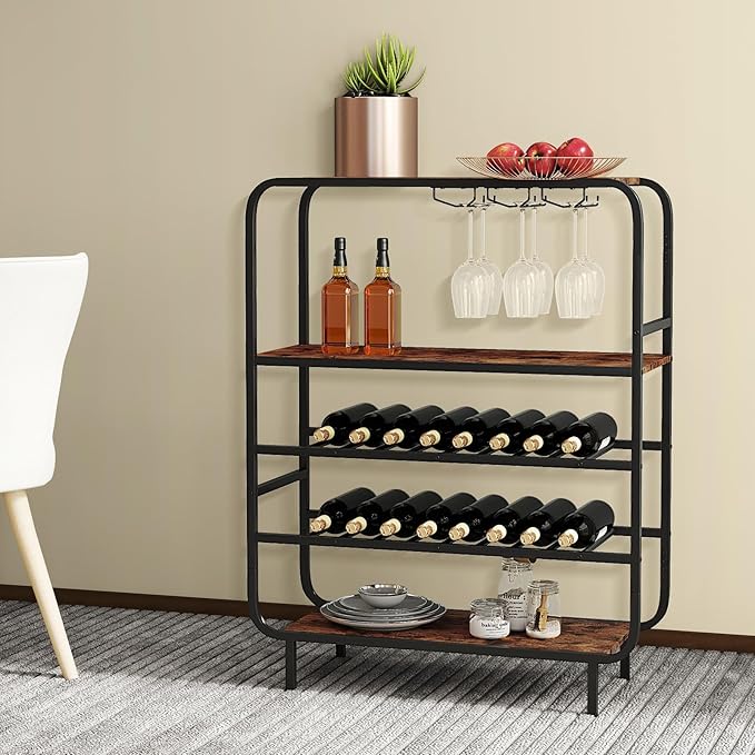 GOFLAME 16 Bottle Wine Rack, Freestanding Floor 5-Tier Wine Display Shelf w/Glass Holders, Metal Frame Industrial Liquor Display Stand with Storage Shelf for Kitchen, Home Bar