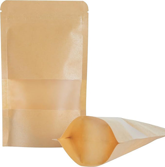 LZLPACKING Kraft Stand Up Pouches bags 100 Pcs,Brown Resealable Bags with Window for Home or Business,Coffee,Food Storage Bags,Sealable Bags for Packaging(5.9횞8.6)