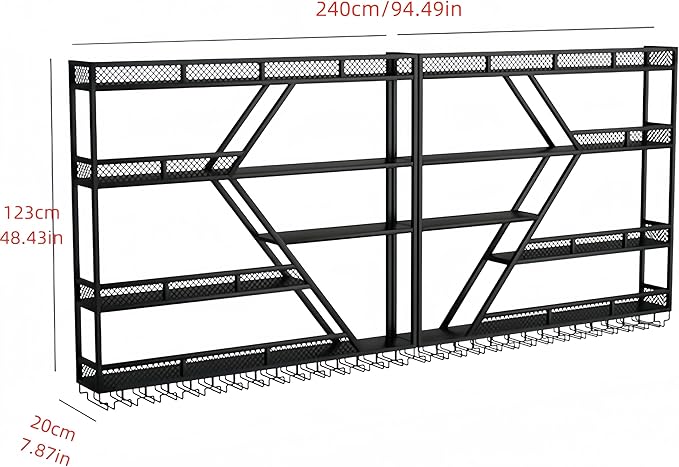 Modern Wall Mounted Wine Rack w/LED Light, Metal Wall Bar Shelves Wall Mounted w/Glass Holder, Large Liquor Shelf for Liquor Bottles for Home Bar & Dining Room(Black-Yellow Led, 4 Tier-94in)