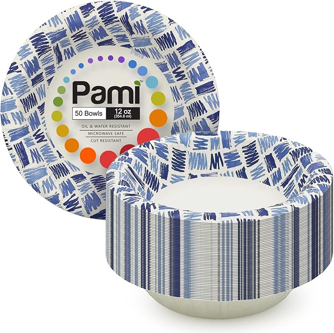PAMI Heavy Duty Disposable Paper Bowls | Microwave Safe | Oil, Water & Cut Resistant | Plastic, Recyclable Paper (12 Oz Bowl 50 Blue)