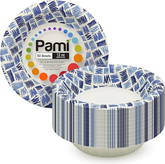PAMI Heavy Duty Disposable Paper Bowls | Microwave Safe | Oil, Water & Cut Resistant | Plastic, Recyclable Paper (12 Oz Bowl 50 Blue)