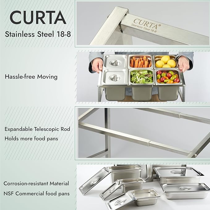 CURTA Expandable 18/8 Stainless Steel Spice Rack Set, NSF Certified, 2-Tier Inclined Organizer Shelf with 6 1/6 6" Pan&Lid, 13.8"-23.6" Adjustable, Countertop Holder for Seasoning Ingredients