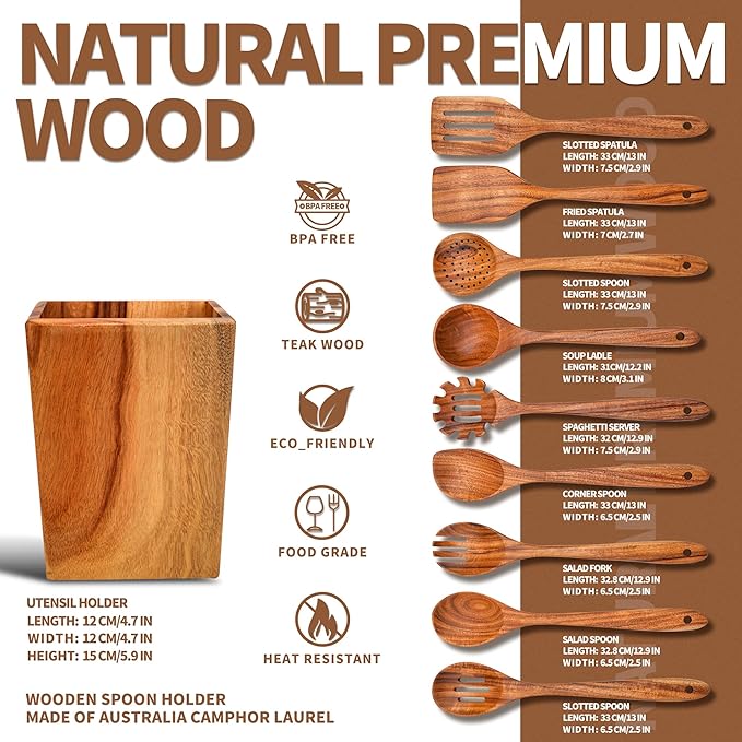 Gudamaye 13 inch Long Wooden Spoons for Cooking, 9 PCS Natural Teak Wooden Kitchen Utensil Set with Utensils Holder Made of Australia Camphor Laurel Wood竊똚ooden Utensils for Cooking