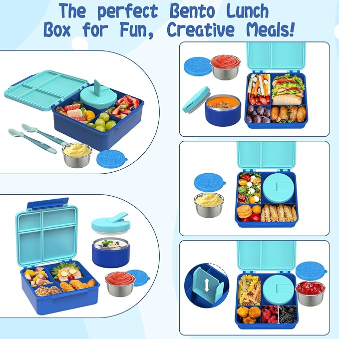 Aimsnk Kids Bento Lunch Box with 8oz Soup Thermo, Kids Leakproof Lunch Food Containers with 4 Compartment,Insulated Hot Food Jar with Lunch Bag for School, Travel (Blue)