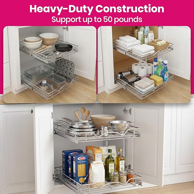 HOLDN??STORAGE Two Tier Pull Out Cabinet Organizer, Individual Sliding Drawers - Heavy Duty Metal with Lifetime Limited Warranty - Anti Rust Chrome Finish - 15" W x 21?쒭 x 16.5" H