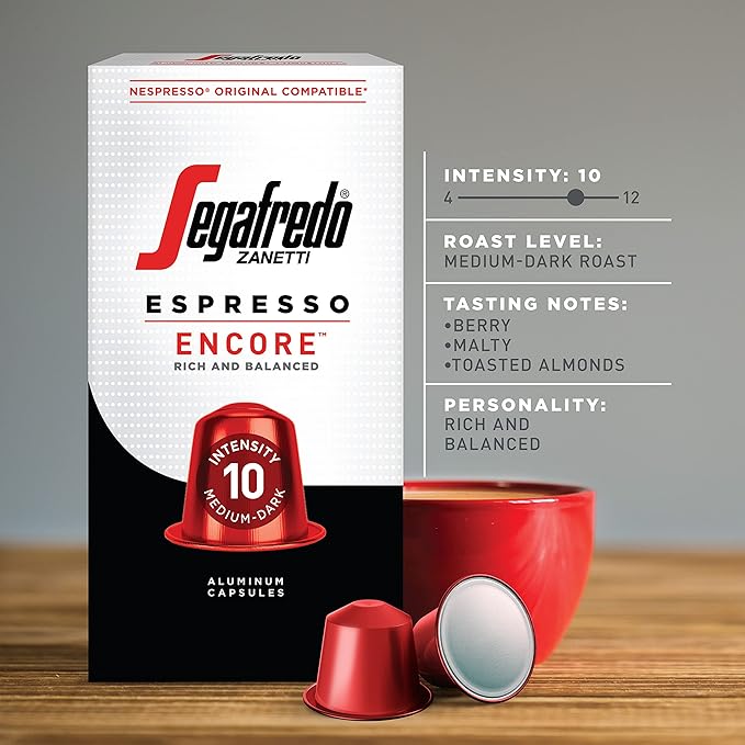 Segafredo Zanetti Espresso Capsules ??Aluminum Pods for Nespresso Original Machines ??Medium-Dark Roast Premium Espresso with a Rich Aroma ??Balanced, Intensity 10 ??Encore, 10 Count