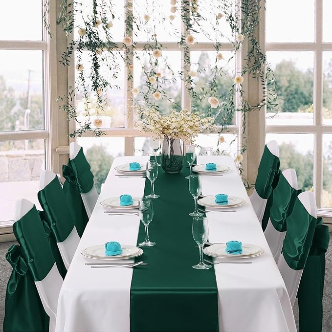 Horbaunal 6 Pack Satin Runners 12 x 72 Inch Bright Silky Smooth Satin Table Runners for Birthday Wedding Party Banquets, Forest Green