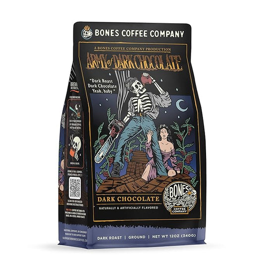 Bones Coffee Company Army of the Dark Chocolate Flavored Coffee, Medium Roast Low Acid Arabica Beans Compatible with Auto drip and French Press Coffee Maker, 12 Oz Ground