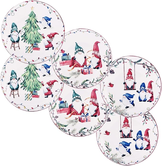 Bico Christmas Gnomes Appetizer Plates Set of 6, 6 Inch Small Ceramic Dessert Plates for Snacks, Salad, Tablescape, Microwave and Dishwasher Safe, Gift for Housewarming and Thanksgiving