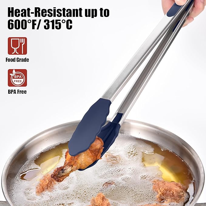 Doosu Kitchen Tongs for Cooking - 600째F Heat Resistant Food Tong with Non-Scratch Silicone Tips, Heavy Duty Stainless Steel Locking Tong for BBQ, Grilling Steak, Serving Salad Pasta (16in, Navy Blue)