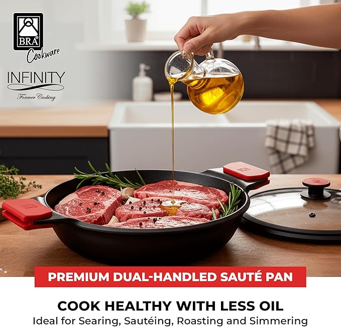 BRA COOKWARE Infinity Dual-Handled Saut챕 Pan w/Glass Lid | 11-Inch 2.95-Quart Shallow Stock Pot | Nonstick Cast Aluminum Everyday Chef Pan | PFAS Free Rondeau Pot | All Cooktops incl. Induction