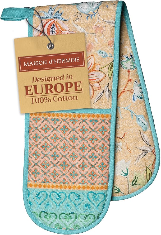 Maison d' Hermine Double Oven Mitts 100% Cotton 7"x35" Double Oven Mitt Heat Resistant BBQ Cooking Gloves with Loop, Baking, Grilling, Kitchen, Handling Hot Pans Spring Summer (Luxury Loft ??Peach)