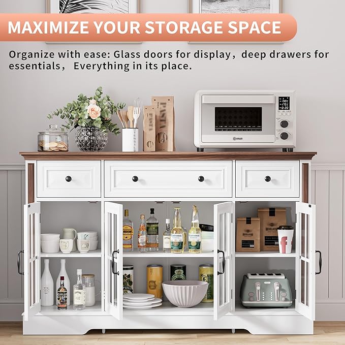 Sideboard Buffet Cabinet with Storage, 4 Glass Doors & 3 Drawers, 53.5" Farmhouse Modern Credenza Console Table with Adjustable Shelves, Coffee Bar Cabinet for Kitchen Dining Living Room, White