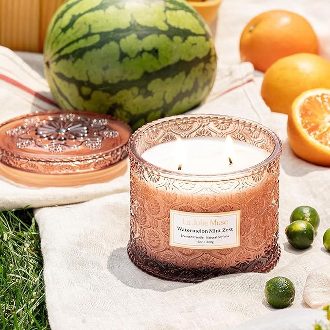 LA JOLIE MUSE Watermelon Mint Zest Candle - Eucalyptus, Sage, Lavender | 12 oz Large 2-Wick Soy Wax Candle | 60 Hours Clean Burn | Gift-Ready for Hosts & Gatherings | Elegant Home D챕cor