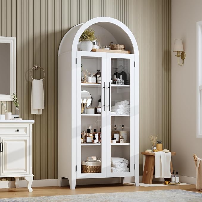 GarveeHome Arched Kitchen Pantry Storage Cabinet - Farmhouse 5 Tier Display Shelf with Adjustable Shelf and 2 Large Glass Doors, Versatile Cupboard for Kitchen, Dining Room, Living Room, White