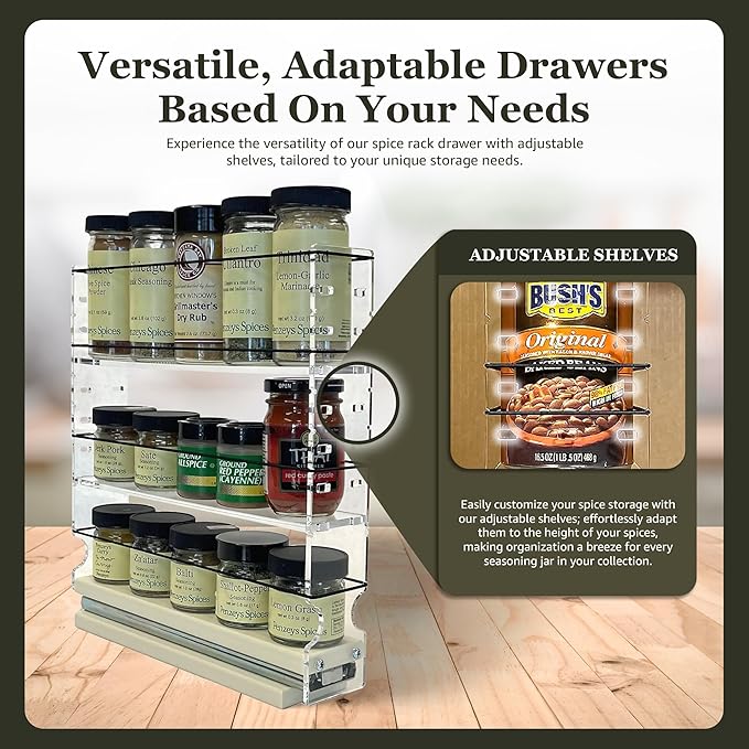 Vertical Spice Adjustable Spice Rack Drawer - Pull Out Cabinet Organizer - Kitchen and Pantry Organizers and Storage - Spice Caddy - 1 Drawer, 2 Upper Tier (2.3" W x 11.25" H x 10.6" D, Cream)