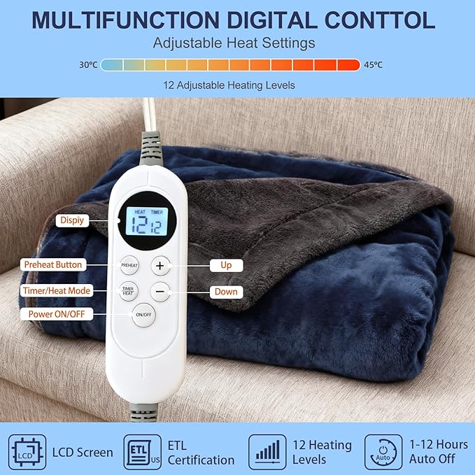 Electric Heated Blanket Throw 50" x 60" Soft Dual-Sided Flannel Fast Heating 12 Heat Levels 1??2H Timer & Overheat Protection & Auto Shut-Off & ETL FCC & Machine Washable (Single 50''x60'')