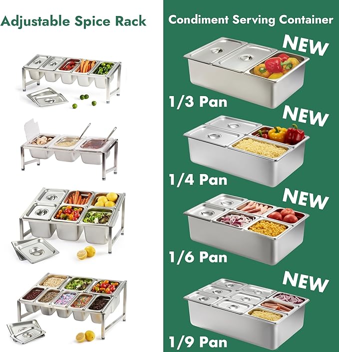 CURTA Commercial Spice Rack Set, NSF Certified, 18/8 Stainless Steel Inclined Organizer Shelf with 3 1/6 4" Pan & 3 Ladles, 13.8"-23.6" Adjustable, Countertop Holder for Seasoning Topping