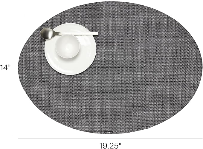 Chilewich Mini Basketweave Placemats in Cool Grey - Set of 4 - Easy Care Woven Tabletop Textiles - Indoor/Outdoor - 19.25" x 14" Oval