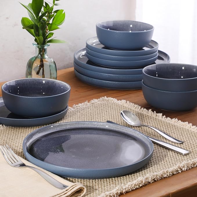 Gibson Elite Tahoe Sunset 12-Piece Reactive Stoneware Dinnerware Set ??Matte Exterior & Shiny Interior Plates and Bowls, Durable Everyday Dish Set, Microwave & Dishwasher Safe - Blue
