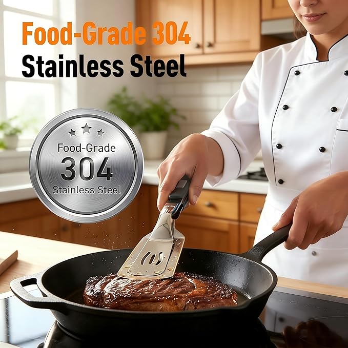 2-in-1 Stainless Steel Grill Clamp & Spatula Tongs ??Heavy Duty BBQ Cooking Utensil with Secure Sliding Lock Handle, for Grilling, Flipping, Serving ??Outdoor & Indoor Kitchen Tool Set (2 Pcs) (Gray)