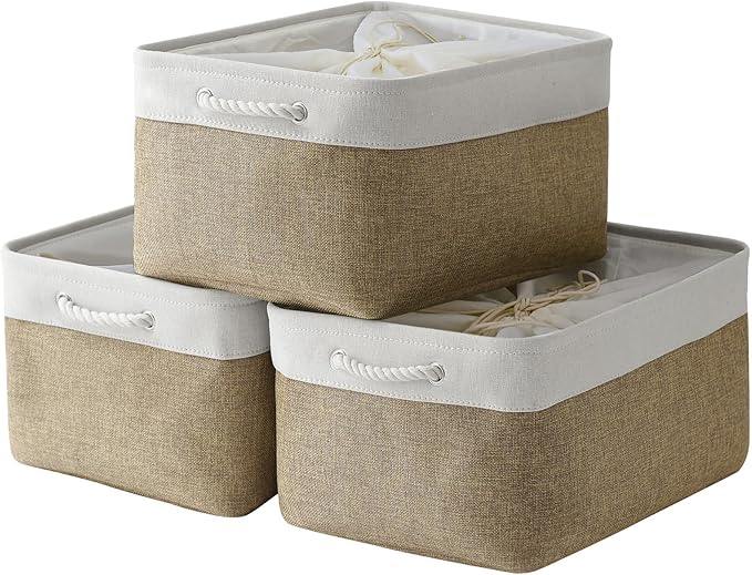TheWarmHome Organization and Storage Basket for Organizing - X Large - 3 Pack 17.7L횞13.8W횞9.8H in Collapsible Storage Bin for Shelves, Fabric Basket for Gifts Organizer Toy Closet (White & Khaki)