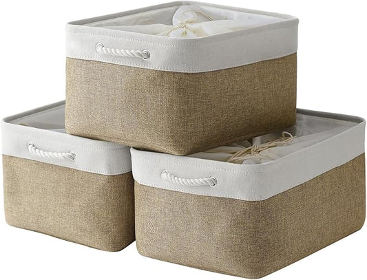 TheWarmHome Organization and Storage Basket for Organizing - X Large - 3 Pack 17.7L횞13.8W횞9.8H in Collapsible Storage Bin for Shelves, Fabric Basket for Gifts Organizer Toy Closet (White & Khaki)