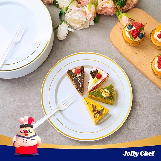 JOLLY CHEF 200 Pieces Gold Plastic Plates, 10 Inch Elegan Disposable Plates White Plate with Gold Rim,Plastic Plates for Christmas?갃irthdays and Weddings