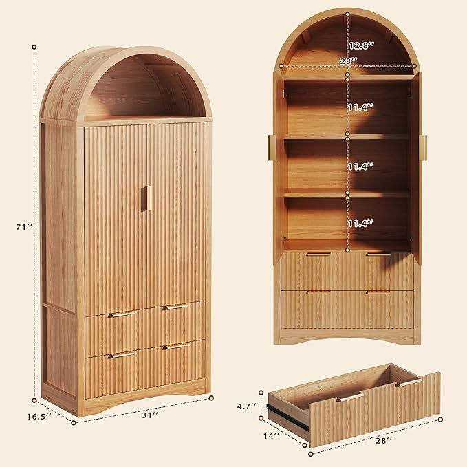 71" Tall Arched Kitchen Pantry, Fluted Pantry Cabinet with Doors, Kitchen Storage Cabinets with 2 Large Drawers and Adjustable Shelves, for Dining Room, Living Room, Natrual