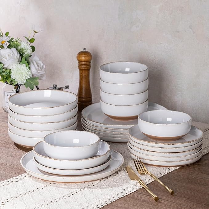 AmorArc 18 Pieces Ceramic Dinnerware Sets for 6, Handpainted Stoneware Plates and Bowls Set with Rustic Terracotta Underside, Scratch Resistant Dishes Set, Dishwasher & Microwave Safe, White