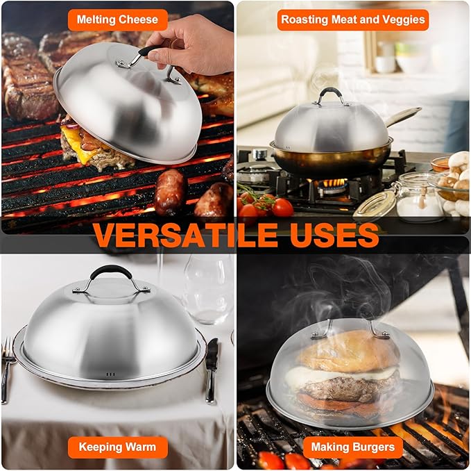 only fire Chesse Melting Dome,9 Inch &12 Inch Heavy Duty Round Basting Steam Cover,Stainless Steel Griddle Accessories for Flat Top Griddle Grill Indoor or Outdoor,2PCS,Dishwasher Safe