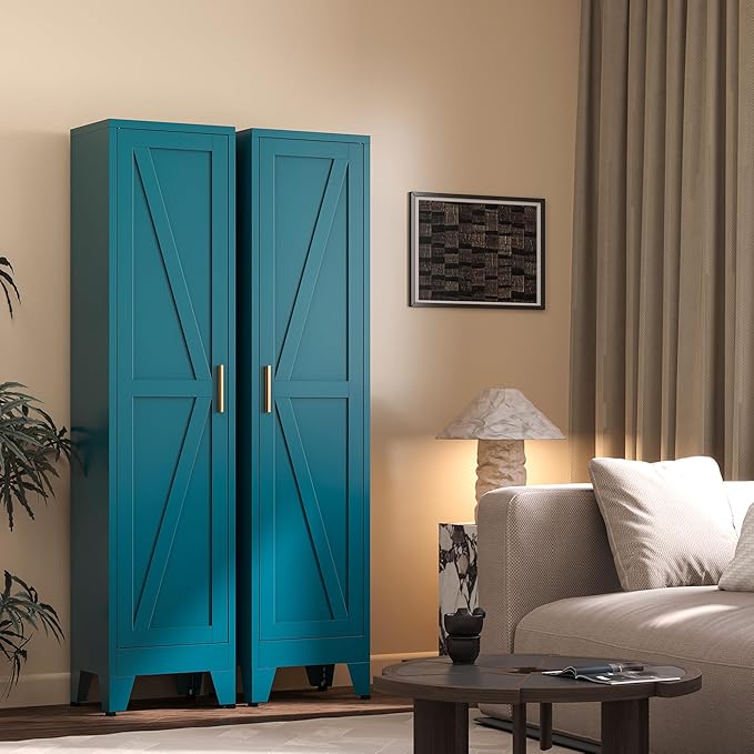 67?쏦 Blue Narrow Kitchen Cabinet, Metal Skinny Pantry Storage Cabinet,Tall Narrow Bathroom Storage Cabinet with Adjustable Shelves,Slim and Thin Pantry Cabinets for Living Room Dining Room