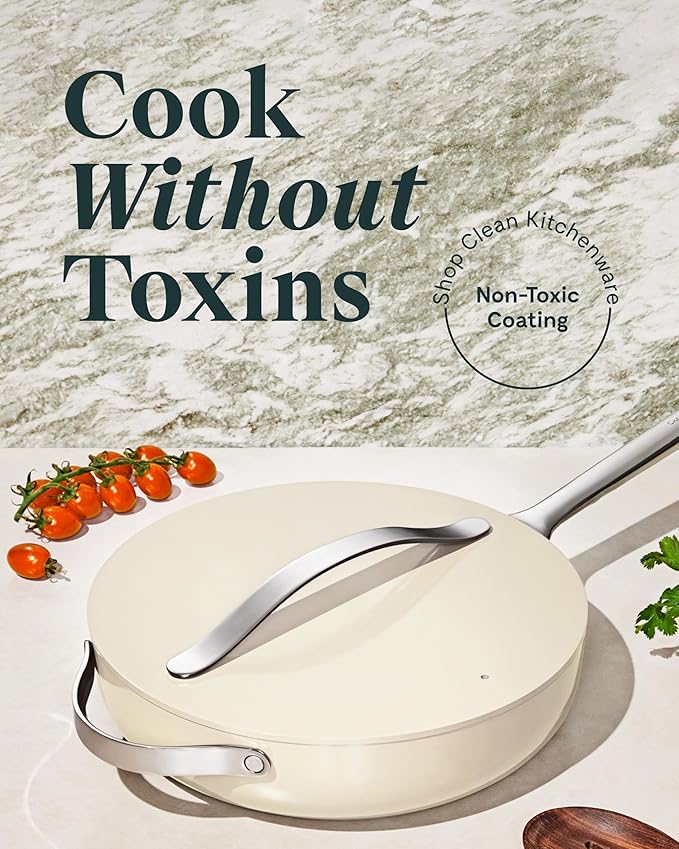 Caraway Nonstick Ceramic Saut챕 Pan with Lid (4.5 qt, 11.8") - Non Toxic, PTFE & PFOA Free - Oven Safe & Compatible with All Stovetops (Gas, Electric & Induction) - Cream