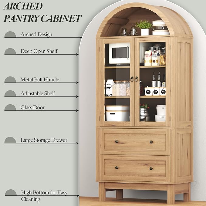 Arched Cabinet with Glass Doors, 71" Tall Freestanding Pantry Cabinet with 2 Large Drawers and Adjustable Shelf, Farmhouse Wood Storage Cabinets, Versatile Cupboard for Kitchen, Dining Room, Natural