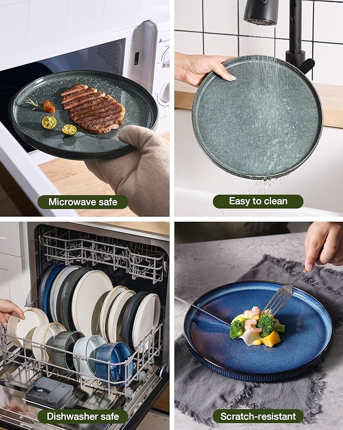 Famiware Star Stoneware Dinnerware Sets for 4 (16pcs), Chip and Scratch Resistant, Microwave & Dishwasher Safe Complete Dishes, Pasta Bowl, Cereal Bowl, Dinner Plate, Salad Plate, Ribbed, Deep Forest