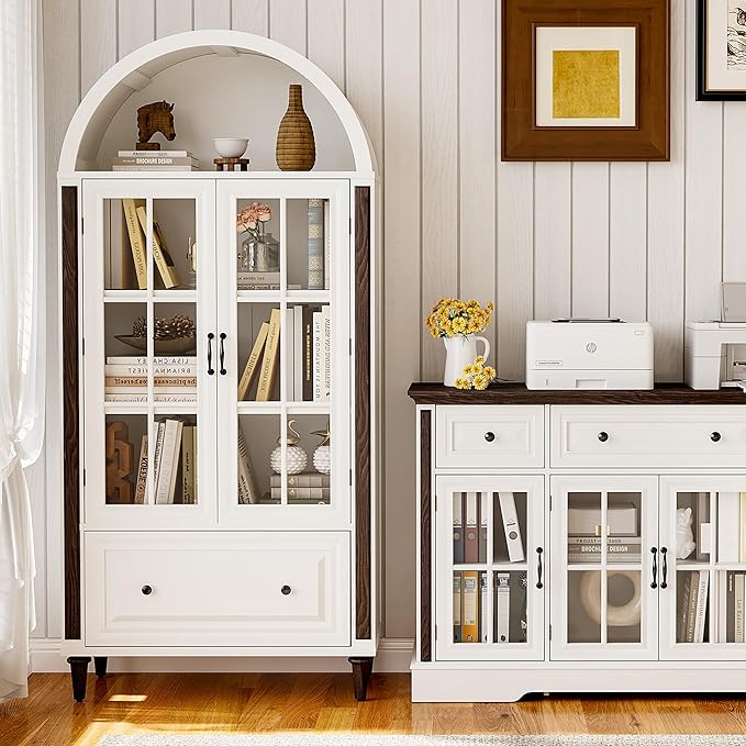 71??Handcrafted Arched Bookcase, Wooden Display Cabinet with Glass Doors and Adjustable Shelves, Elegant Storage Solution for Living Room, Dining Area, and Office, White