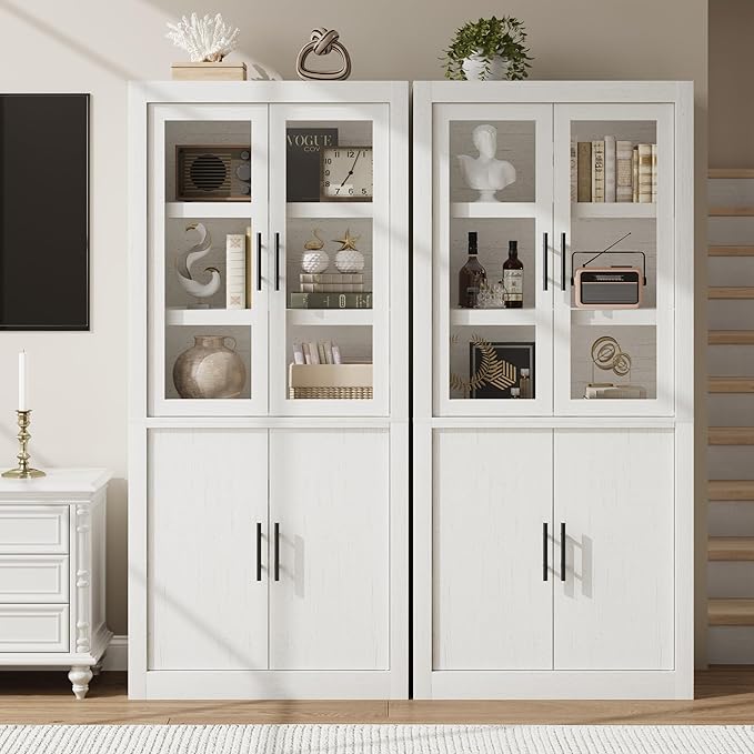 70.45??Tall Farmhouse Kitchen Pantry Cabinet, Wood Storage Cabinet with 4 Doors & Adjustable Shelves, Anti-Tip Design, Sturdy Bookcase for Kitchen/Dining/Office, Rustic White-Glass