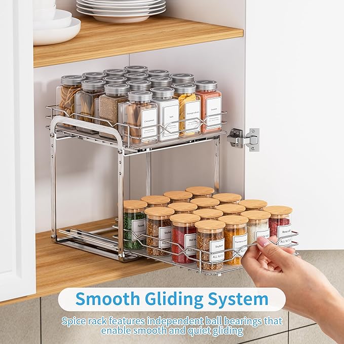 Pull Out Spice Rack, 2 Tier Spice Organization for Cabinet, Heavy Duty Spice Rack, 9-1/4 inch Wide - Spice Racks for Inside Cabinets, Kitchen, Pantry - Chrome, 9.25?쓂 x 10.39?쒭 x 9.76?쒱