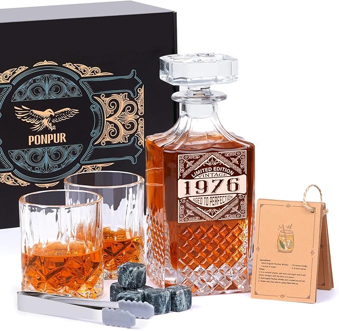 PONPUR 50th Birthday Gifts For Men Dad, 1976 Laser Whiskey Decanter Set with Gift Box, Anniversary Birthday Gift Ideas for Him Husband, 50 Years Bday Decorations, Whiskey Glasses & Whisky Stones Inc.